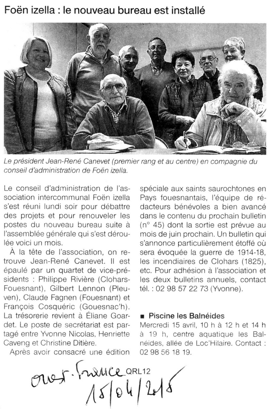 Article du Ouest France du 15/04/15 sur le nouveau Bureau de Foen Izella
